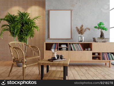 3D illustration, Mockup photo frame on the wall of living room, Interior with houseplant, vases and beautiful furniture, rendering