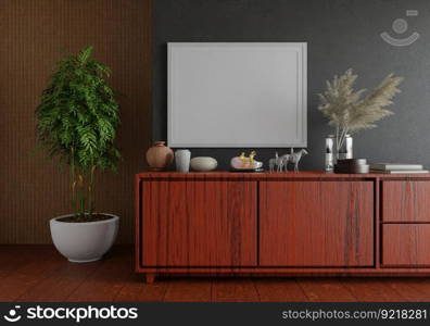 3D illustration, Mockup photo frame on the wall of living room, Interior with houseplant, vases and beautiful furniture, rendering