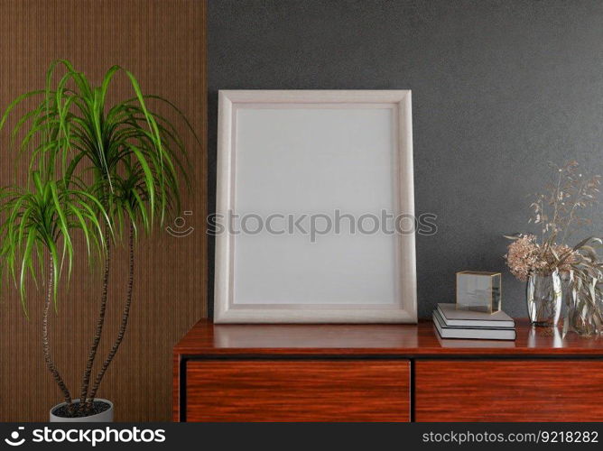 3D illustration, Mockup photo frame on the wall of living room, Interior with houseplant, vases and beautiful furniture, rendering