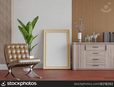 3D illustration, Mockup photo frame on the wall of living room, Interior with houseplant, vases and beautiful furniture, rendering