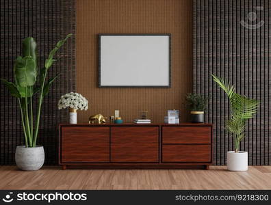 3D illustration, Mockup photo frame on the wall of living room, Interior with houseplant, vases and beautiful furniture, rendering