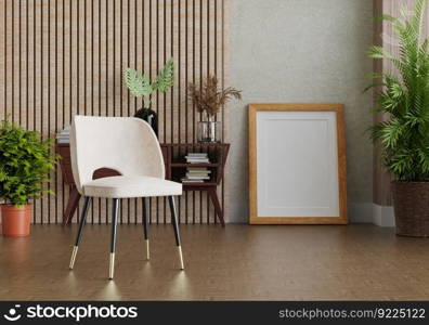 3D illustration, Mockup photo frame on the wall of living room, Interior with houseplant, vases and beautiful furniture, rendering