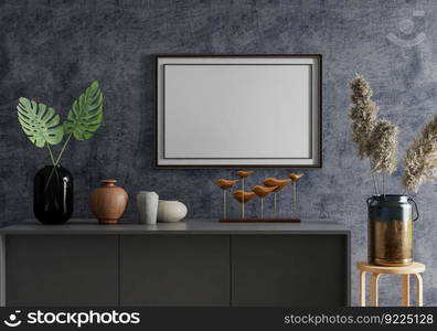 3D illustration, Mockup photo frame on the wall of living room, Interior with houseplant, vases and beautiful furniture, rendering