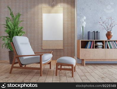 3D illustration, Mockup photo frame on the wall of living room, Interior with houseplant, vases and beautiful furniture, rendering