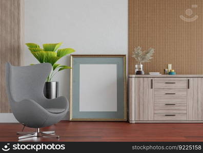 3D illustration, Mockup photo frame on the wall of living room, Interior with houseplant, vases and beautiful furniture, rendering