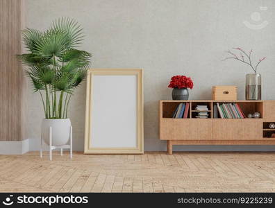 3D illustration, Mockup photo frame on the wall of living room, Interior with houseplant, vases and beautiful furniture, rendering