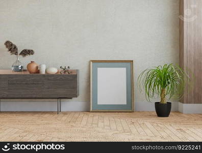 3D illustration, Mockup photo frame on the wall of living room, Interior with houseplant, vases and beautiful furniture, rendering