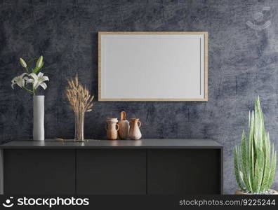 3D illustration, Mockup photo frame on the wall of living room, Interior with houseplant, vases and beautiful furniture, rendering