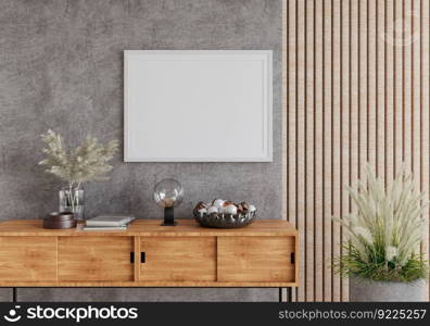 3D illustration, Mockup photo frame on the wall of living room, Interior with houseplant, vases and beautiful furniture, rendering