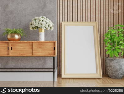 3D illustration, Mockup photo frame on the wall of living room, Interior with houseplant, vases and beautiful furniture, rendering