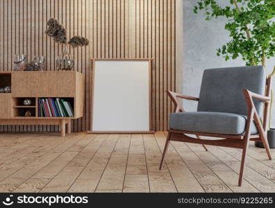 3D illustration, Mockup photo frame on the wall of living room, Interior with houseplant, vases and beautiful furniture, rendering