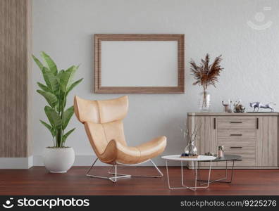 3D illustration, Mockup photo frame on the wall of living room, Interior with houseplant, vases and beautiful furniture, rendering