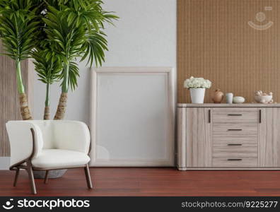 3D illustration, Mockup photo frame on the wall of living room, Interior with houseplant, vases and beautiful furniture, rendering