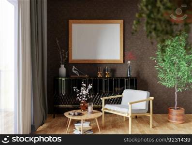 3D illustration, Mockup photo frame on the wall of living room, Interior of comfortable with luxury furniture and decorate in minimal style with houseplant in pot, rendering