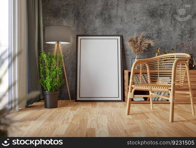 3D illustration, Mockup photo frame on the wall of living room, Interior of comfortable with luxury furniture and decorate in minimal style with houseplant in pot, rendering