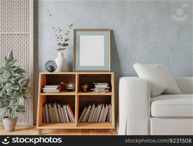 3D illustration, Mockup photo frame on the wall of living room, Interior of comfortable with luxury furniture and decorate in minimal style with houseplant in pot, rendering