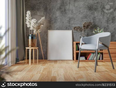 3D illustration, Mockup photo frame on the wall of living room, Interior of comfortable with luxury furniture and decorate in minimal style with houseplant in pot, rendering