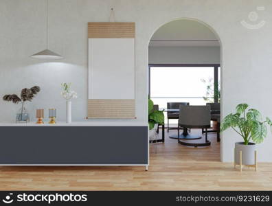 3D illustration, Mockup photo frame on the wall of living room, Interior of comfortable with luxury furniture and decorate in minimal style with houseplant in pot, rendering