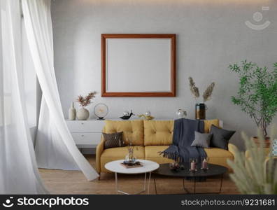 3D illustration, Mockup photo frame on the wall of living room, Interior of comfortable with luxury furniture and decorate in minimal style with houseplant in pot, rendering