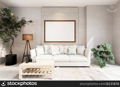 3D illustration, Mockup photo frame on the wall of living room, Interior of comfortable with luxury furniture and decorate in minimal style with houseplant in pot, rendering