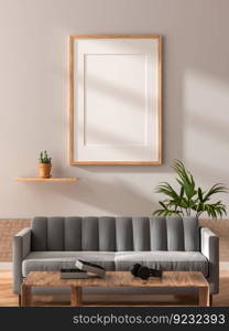 3D illustration, Mockup photo frame on the wall of living room, Interior with wooden furniture, and houseplant in pot, rendering