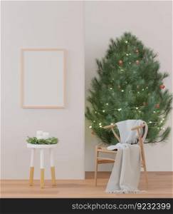 3D illustration, Mockup photo frame on the wall of living room, Interior with beautiful furniture and christmas tree, present in merry chirstmas theme, rendering