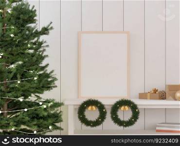 3D illustration, Mockup photo frame on the wall of living room, Interior with beautiful furniture and christmas tree, present in merry chirstmas theme, rendering