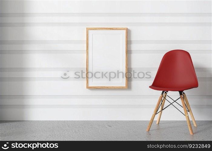 3D illustration, Mockup photo frame on the wall of living room, Interior with red chair in white room, free space for insert text for advertising, rendering