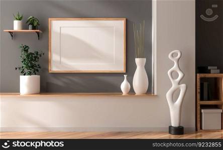3D illustration, Mockup photo frame on the wall of living room, Interior decoration with shelf and houseplant in pot, rendering