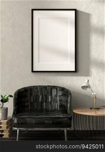 3D illustration, Mockup photo frame on the wall of living room, Interior of comfortable and beautiful furniture decoration, rendering