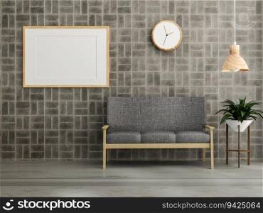3D illustration, Mockup photo frame on the wall of living room, Interior of comfortable and beautiful furniture decoration with houseplant, rendering