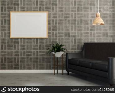 3D illustration, Mockup photo frame on the wall of living room, Interior of comfortable and beautiful furniture decoration with houseplant, rendering