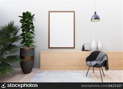 3D illustration, Mockup photo frame on the wall of living room, Interior of comfortable and beautiful luxury furniture decoration with plant in pot, rendering