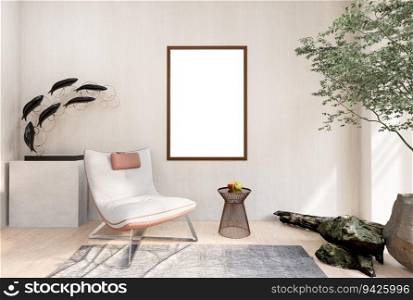 3D illustration, Mockup photo frame on the wall of living room, Interior of comfortable and beautiful luxury furniture decoration with plant in pot, rendering