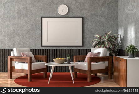 3D illustration, Mockup photo frame on the wall of living room, Interior of comfortable with luxury sofa and beautiful furniture, rendering