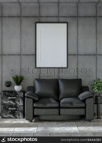 3D illustration, Mockup photo frame on the wall of living room, Interior of comfortable with luxury sofa and beautiful furniture, rendering