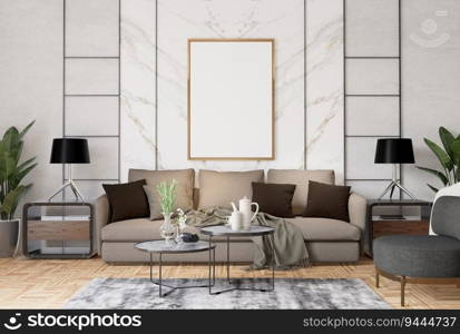 3D illustration, Mockup photo frame on the wall of living room, Interior of comfortable with luxury sofa and beautiful furniture, rendering