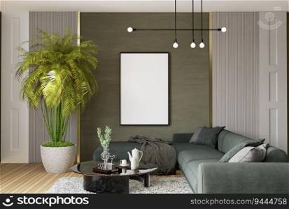 3D illustration, Mockup photo frame on the wall of living room, Interior of comfortab≤with luxury sofa and beautiful furniture, rendering