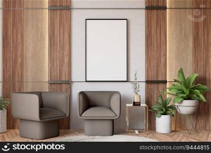 3D illustration, Mockup photo frame on the wall of living room, Interior of comfortable with luxury sofa and beautiful furniture, rendering