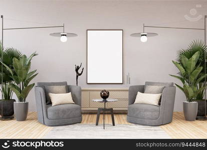 3D illustration, Mockup photo frame on the wall of living room, Interior of comfortable with luxury armchair and beautiful modern design furniture, rendering