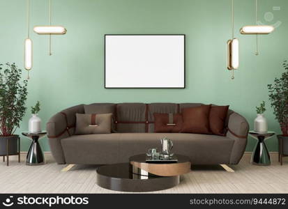 3D illustration, Mockup photo frame on the wall of living room, Interior of comfortable with luxury sofa and beautiful furniture, rendering