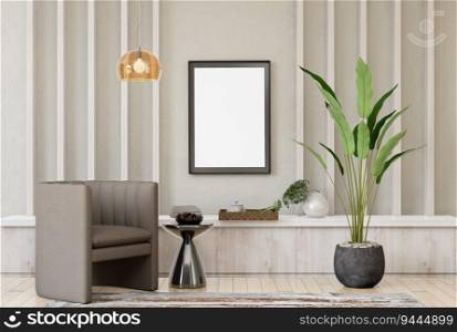 3D illustration, Mockup photo frame on the wall of living room, Interior of comfortable with luxury armchair and beautiful modern design furniture, rendering