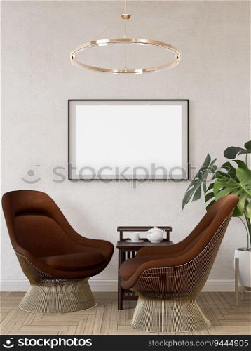 3D illustration, Mockup photo frame on the wall of living room, Interior of comfortable with luxury armchair and beautiful modern design furniture, rendering