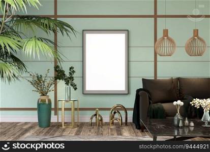 3D illustration, Mockup photo frame on the wall of living room, Interior of comfortable with luxury sofa and beautiful furniture, rendering