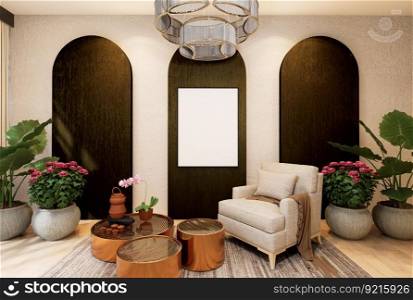 3D illustration, Mockup photo frame on the wall of living room or lobby, Interior with houseplant, vases and beautiful furniture, rendering