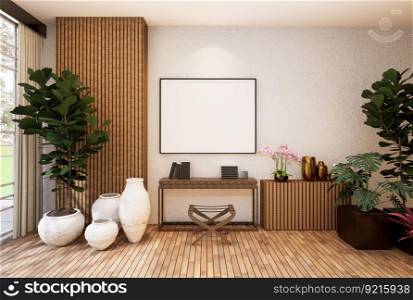 3D illustration, Mockup photo frame on the wall of living room or lobby, Interior with houseplant, vases and beautiful furniture, rendering