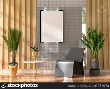 3D illustration, Mockup photo frame on the wall of living room or lobby,  interior and decorate with furniture and houseplant in pot minimal style, rendering