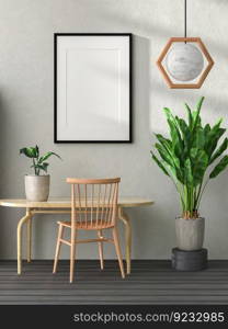 3D illustration, Mockup photo frame on the wall of living room or lobby,  decorate with wooden furniture and houseplant in pot minimal style, , rendering