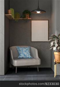 3D illustration, Mockup photo frame on the wall of living room or lobby,  electric lamp hanging from ceiling, houseplant in pot on wooden shelf over sofa, , rendering