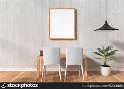 3D illustration, Mockup photo frame on the wall of living room or working place, Interior of comfortable with luxury chair and wooden furniture, rendering